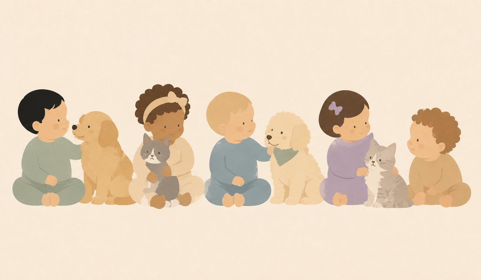 Ilustração com bebês e pets lado a lado